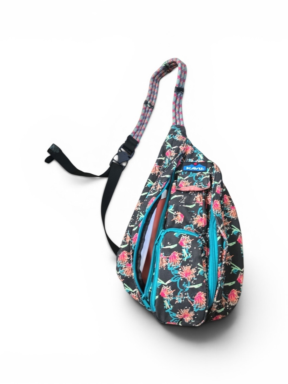 KAVU Floral Sling Bag in Black with Pink Accents